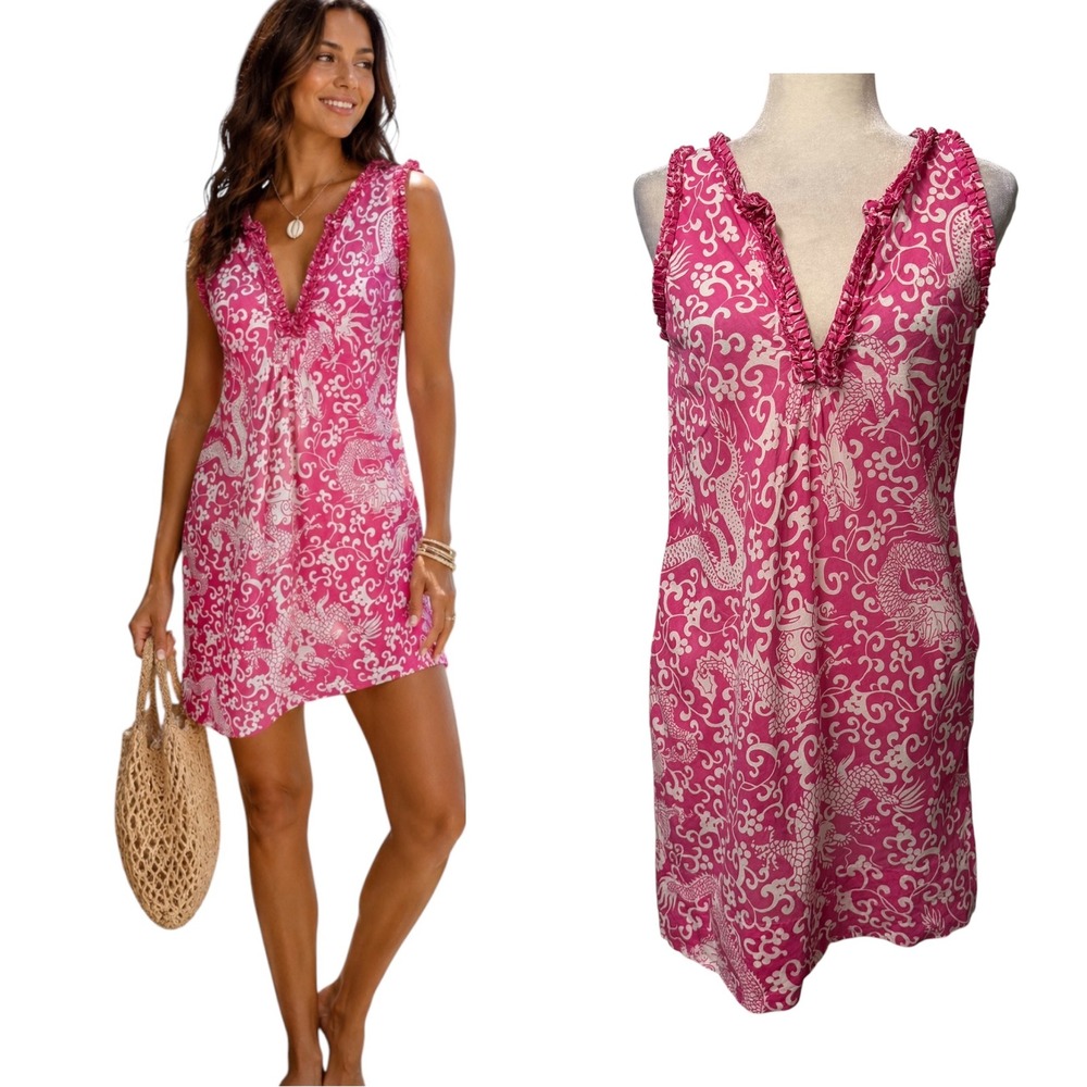 Gretchen‎ Scott Dress Womens XS Dragon Print Ruffle V-Neck Shift Pocket Vacation